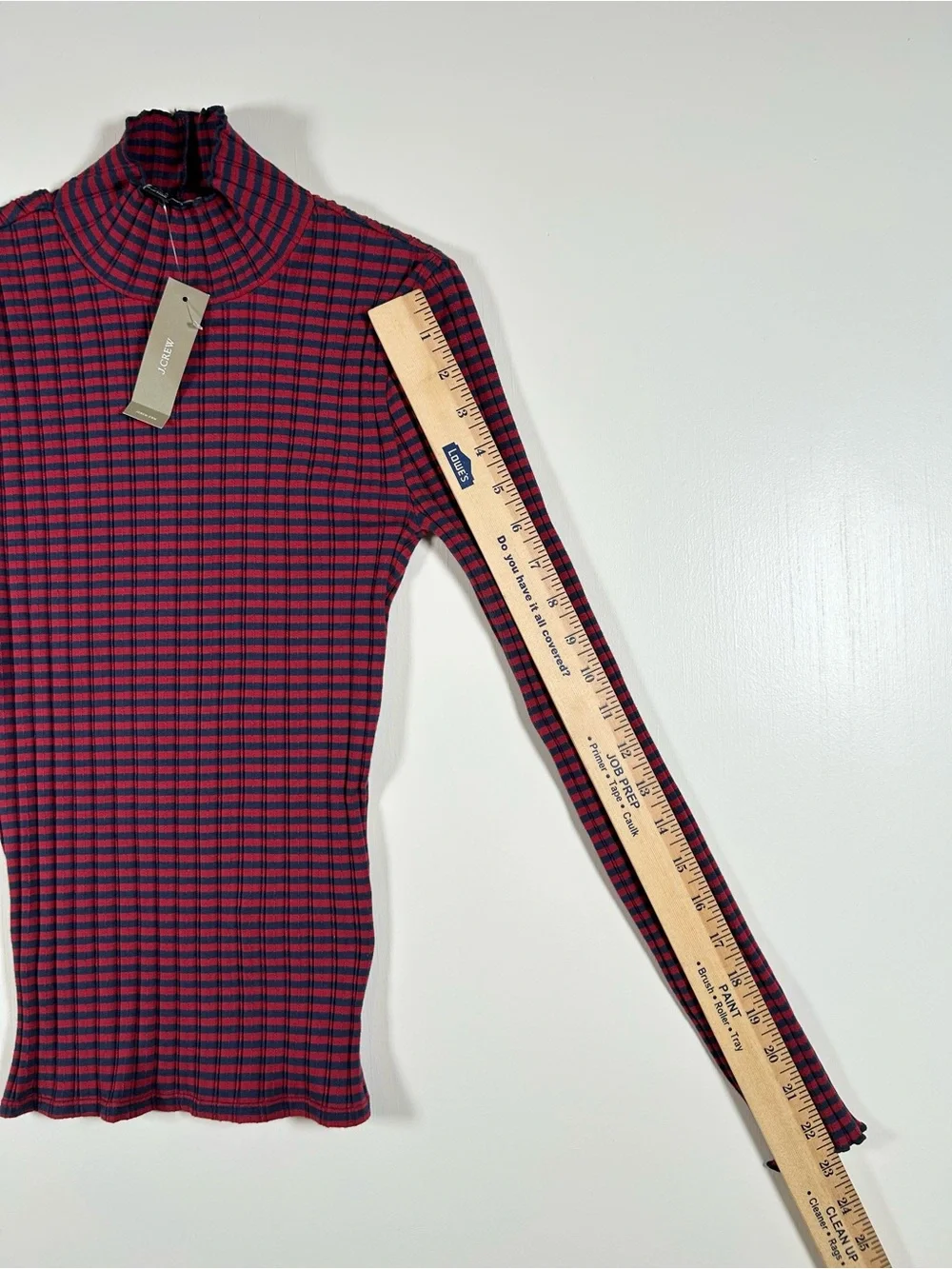 J Crew Pointelle Turtleneck Red Navy Stripe Scalloped Lettuce Trim Women’s XXS